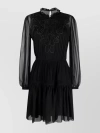 ALBERTA FERRETTI SHIFT DRESS WITH SHEER SLEEVES AND EMBROIDERED DETAILING