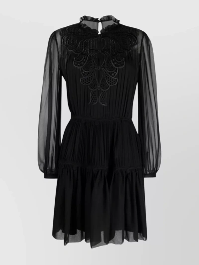 Alberta Ferretti Shift Dress With Sheer Sleeves And Embroidered Detailing In Black
