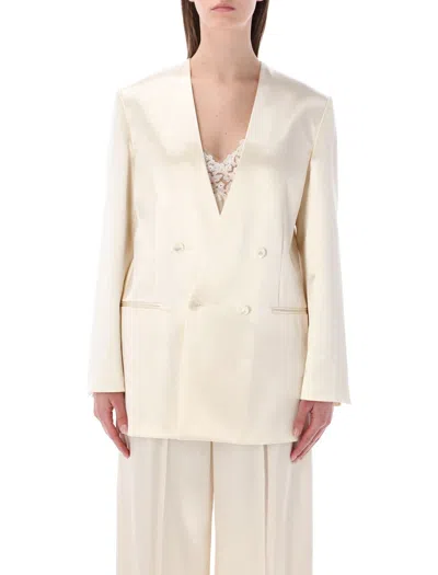 Alberta Ferretti Shiny Satin Double-breasted Jacket In White