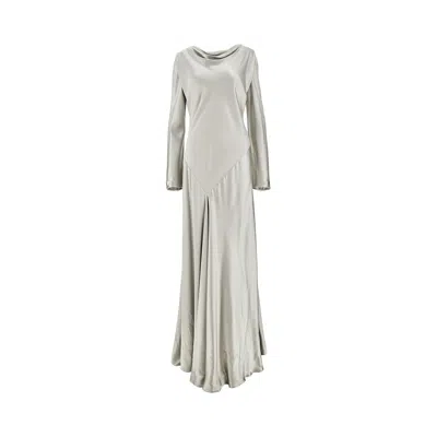 Alberta Ferretti Shiny Satin Long Dress In Silver