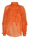 Alberta Ferretti Cotton Shirt With Cuffed And Ruffled Sleeves In Orange