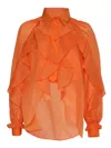 Alberta Ferretti Cotton Shirt With Cuffed And Ruffled Sleeves In Orange