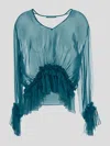 Alberta Ferretti Organic Chiffon Blouse With Small Ruffles In Blue