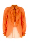 Alberta Ferretti Cotton Shirt With Cuffed And Ruffled Sleeves In Orange