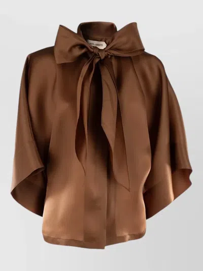 Alberta Ferretti Short Sleeve Satin Top Bow Detail In Brown