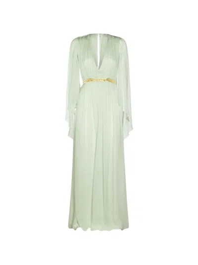 Alberta Ferretti Pleated Belted Maxi Dress In Green