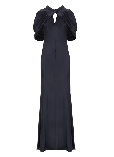 Alberta Ferretti Satin Long Dress Draped Sleeves