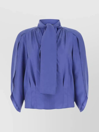 Alberta Ferretti Silk Blouse With Pussy-bow Neckline And Gathered Shoulders In Blue