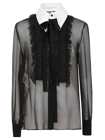 ALBERTA FERRETTI SILK BLOUSE WITH RUFFLED FRONT AND CLASSIC COLLAR