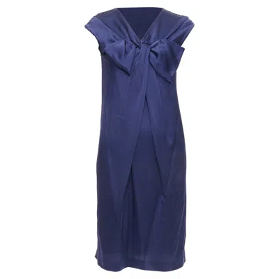 Alberta Ferretti Silk Bow Detail Cap Sleeve V Neck Dress In Blue