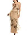 Alberta Ferretti Printed Silk Long-sleeve Kaftan Illusion Gown In Beige