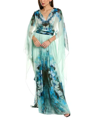 Alberta Ferretti Floral Silk V-neck Gown In Fantasy Print Light Blue