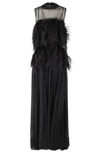 Alberta Ferretti Silk Chiffon Feather Embellished Evening Dress In Black