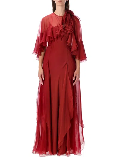 Alberta Ferretti Silk Chiffon Gown With Detachable Ruffled Cape And Layered Slip Dress In Red