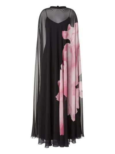 Alberta Ferretti Chiffon Maxi Dress With Orchid Print In Black