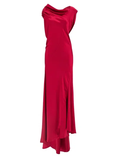ALBERTA FERRETTI SILK-EFFECT SATIN EVENING DRESS WITH CURLED NECKLINE
