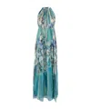 Alberta Ferretti Flower-print Pleated Chiffon Halter Gown In Blue