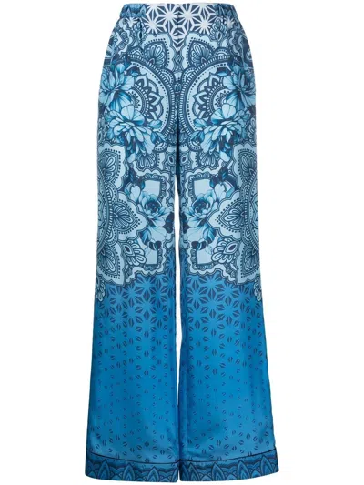Alberta Ferretti Silk Graphic-print Wide-leg Trousers In Blue