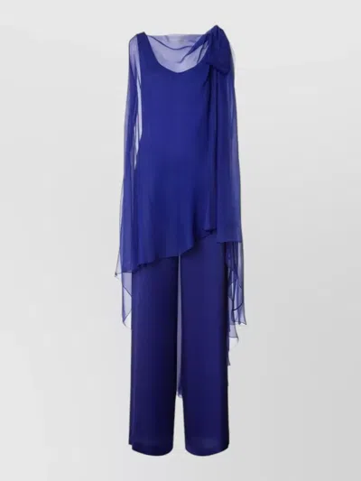 Alberta Ferretti Silk Jumpsuit Asymmetric Design Bow Detail In Blue