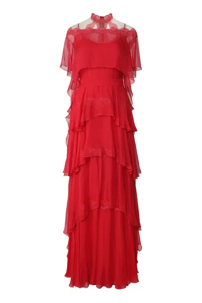Alberta Ferretti Lace-trim Maxi Dress In Red