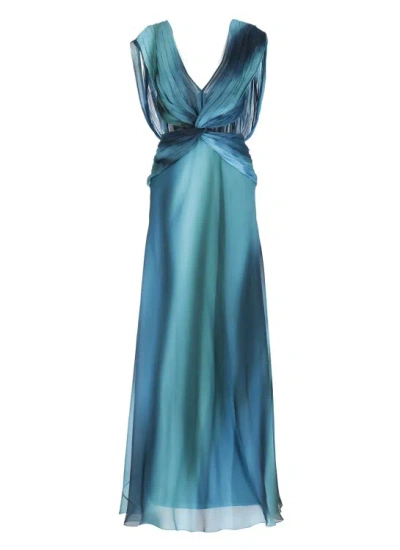 Alberta Ferretti Turquoise Silk Chiffon Long Dress In Blue