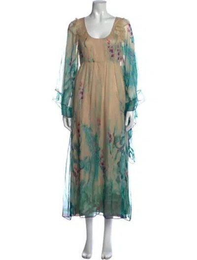 Pre-owned Alberta Ferretti Silk Long Dress W/ Tags In Blue/green