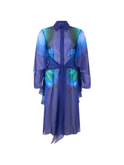 Alberta Ferretti Silk Long-sleeve Midi Dress In Blue