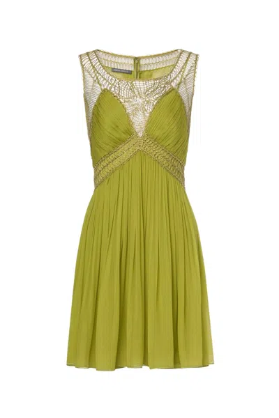 Alberta Ferretti Elegant Mini Dress With Pleats And Embroidered Bodice In Green