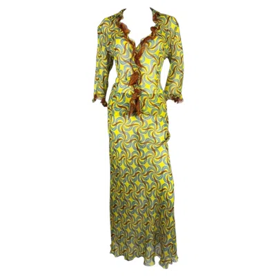 Pre-owned Alberta Ferretti Silk Printed Blouse And Skirt Set, Ss 2000 In Brown