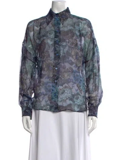 Pre-owned Alberta Ferretti Silk Printed Button-up Top In Blue