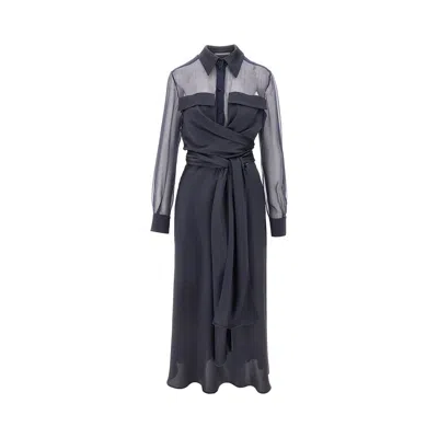 Alberta Ferretti Silk Satin And Chiffon Midi Dress In Blue