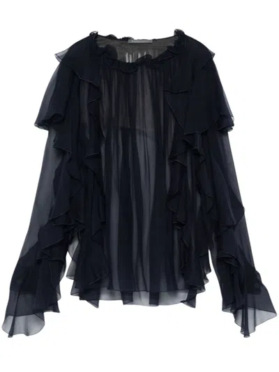 Alberta Ferretti Chiffon Shirt Sheer Fabric Ruffled Layers In Black