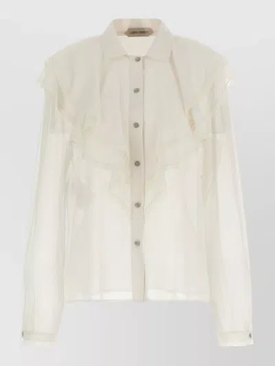 Alberta Ferretti Silk Shirt Collared Neck Lace Trim Sheer In White