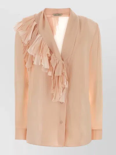 Alberta Ferretti Silk Shirt Shawl Collar Ruffles Cuffs In Neutral