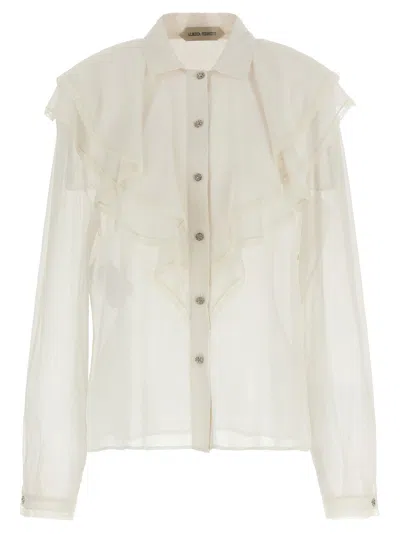 Alberta Ferretti Silk Shirt Collared Neck Lace Trim Sheer In White