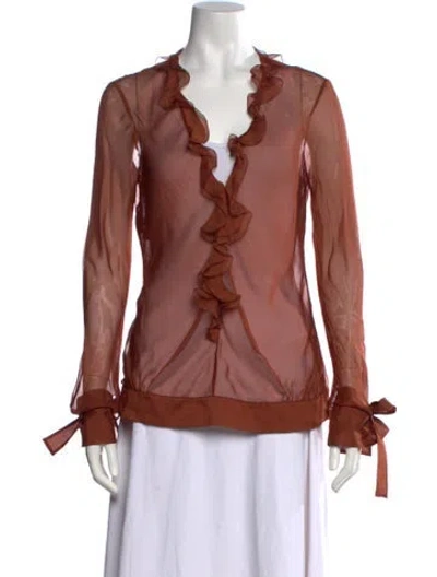 Pre-owned Alberta Ferretti Silk V-neck Blouse In Brown