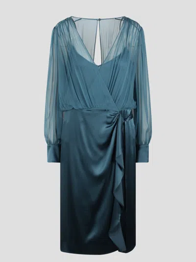 Alberta Ferretti Sheer-overlay Midi Dress In Teal