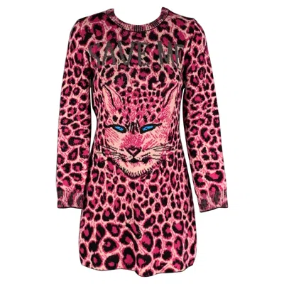 Pre-owned Alberta Ferretti Size 4 Pink Black Virgin Wool Animal Print Long Sleeve Dress