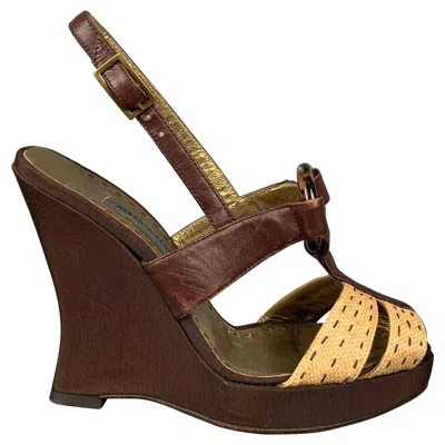 Pre-owned Alberta Ferretti Size 6.5 Brown & Beige Silk Leather Wedge Sandals