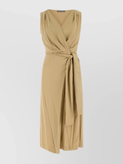 Alberta Ferretti Sleeveless Draped Wrap Dress With Tie Waist And Asymmetric Hem In Brown