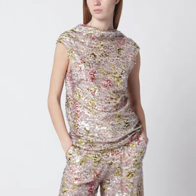 Alberta Ferretti Sleeveless High-neck Top With A Floral Sequin Pattern In Blue