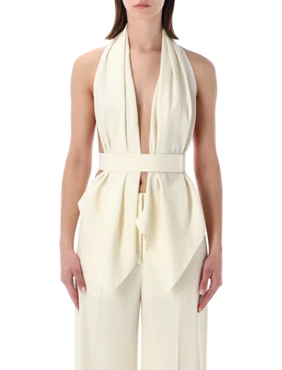 Alberta Ferretti Sophisticated Scarf-effect Top With Open Back And Waist Belt - Size 40 In White