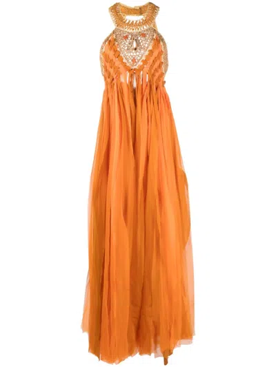 Alberta Ferretti Stone-embellished Fringed Maxi Dress In Orange