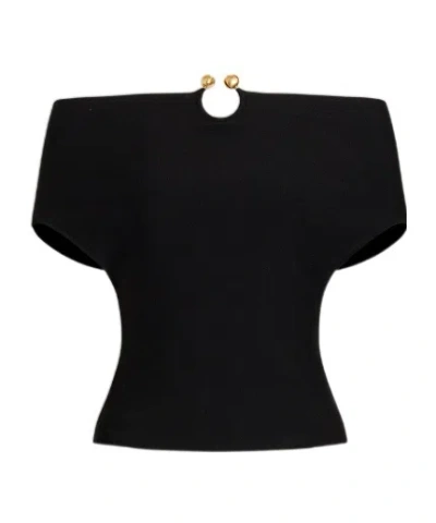 Alberta Ferretti Stretch Knit Top With Jewel Brooch In Black