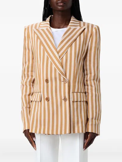 Alberta Ferretti Striped Double-breasted Blazer In Brown