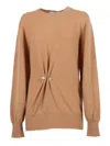 Alberta Ferretti Gathered Cashmere Sweater With Decorative Pearl Accents In Brown