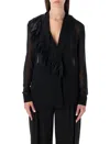 Alberta Ferretti Asymmetrical Ruffle Black Silk Blouse In Black