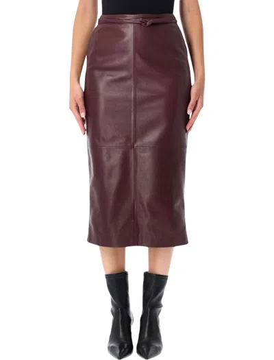 Alberta Ferretti Tailored Straight Leather Midi Skirt With Self-tie Waist Belt In Viola