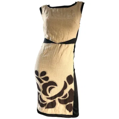 Pre-owned Alberta Ferretti Tan Brown Black Sz 6 Linen And Silk Patchwork Vintage Dress