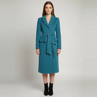 Pre-owned Alberta Ferretti Teal Blue Felt Belted Peplum Long Coat S